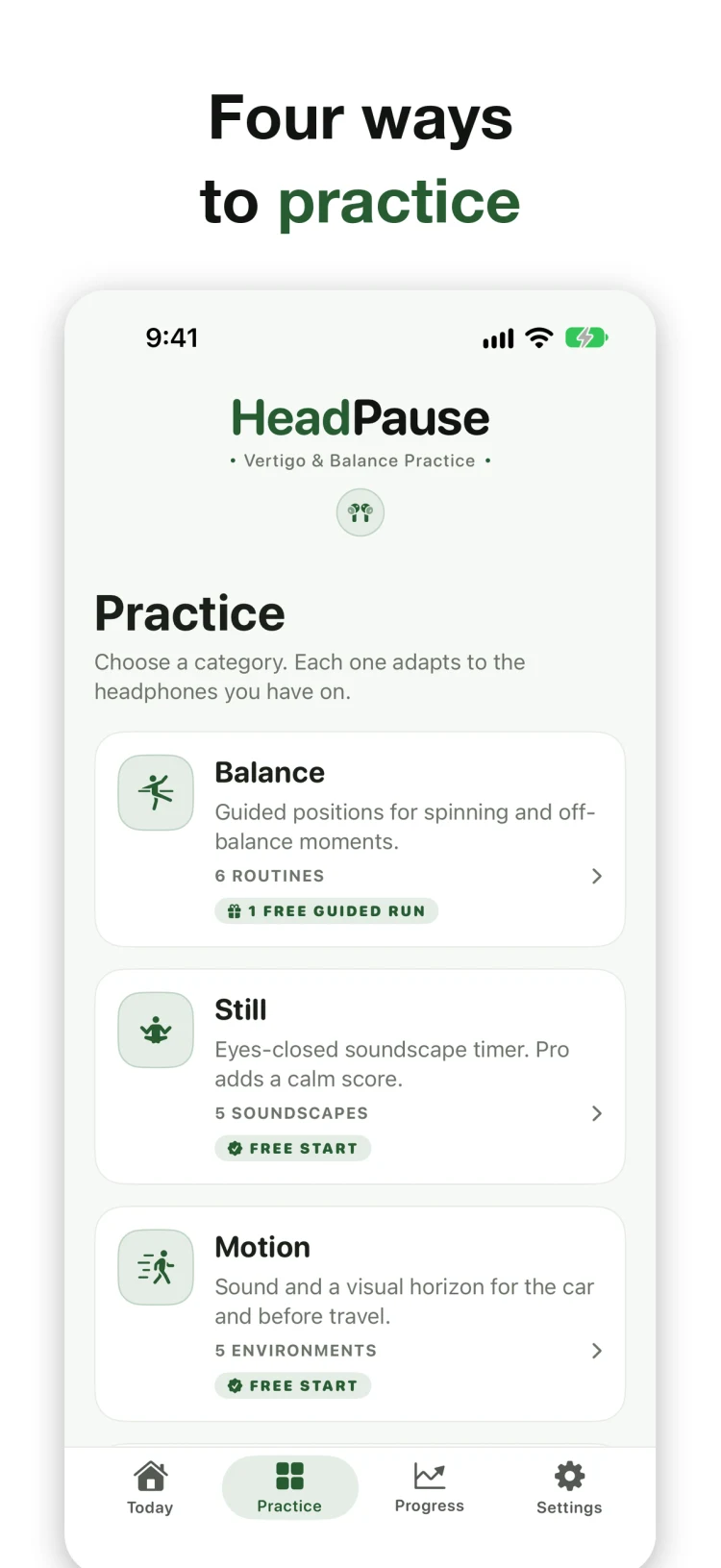 HeadPause Practice tab listing Balance, Still, Motion and Ring, each with a routine count and a free-start badge
