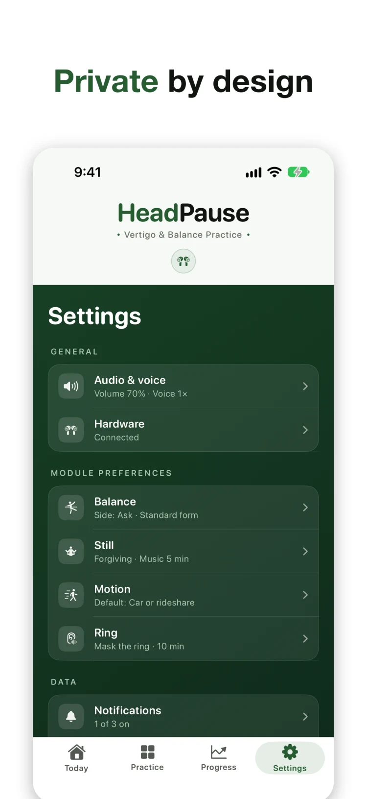 HeadPause Settings screen with General, Module preferences and Data sections, showing Audio & voice, Hardware, and per-practice preferences