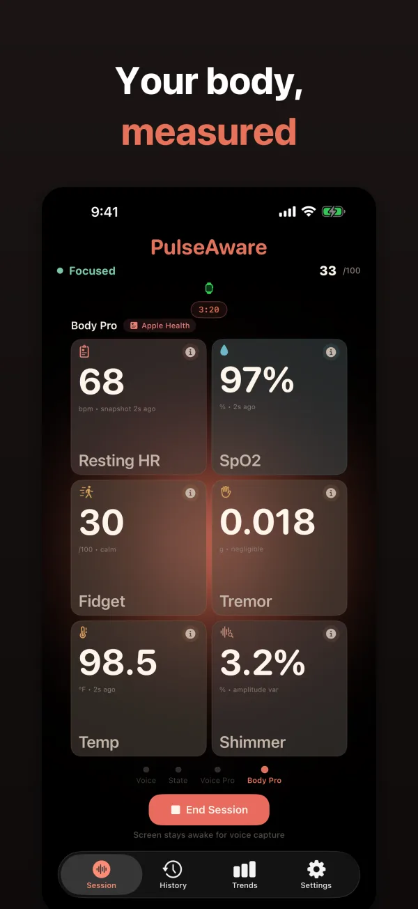 PulseAware Body Pro page showing Apple Watch biometrics including resting heart rate, SpO2, and motion data.